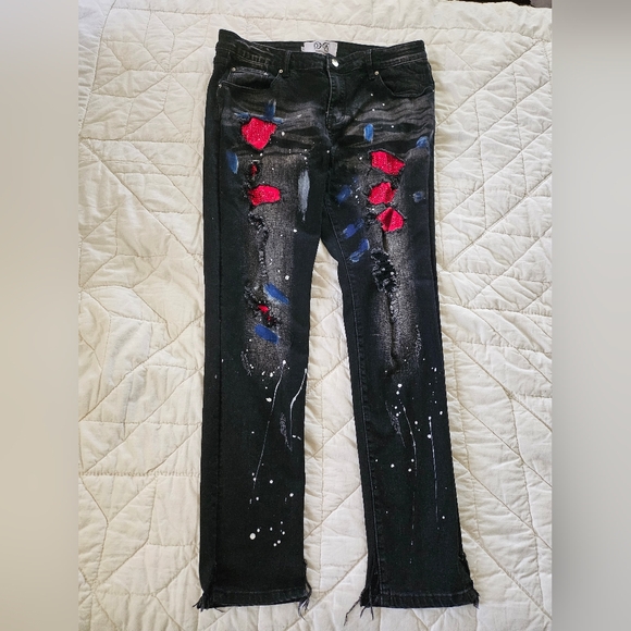 DNA Premium Brand Denim - DNA Black Red Rhinestone Patchwork Distressed Jeans
